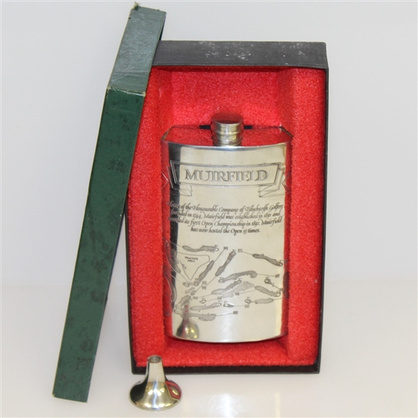 Muirfield 'Home of Edinburgh Golfers' Pewter Flask with Course Layout - Good Condition with Funnel & Box