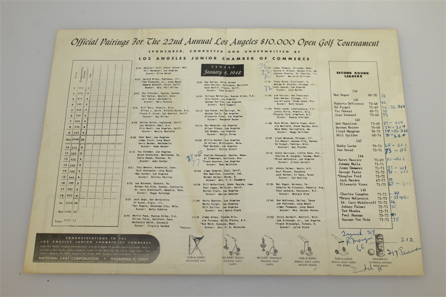 1948 Los Angeles Open at Riviera Pairing Sheet - Ben Hogan Winner