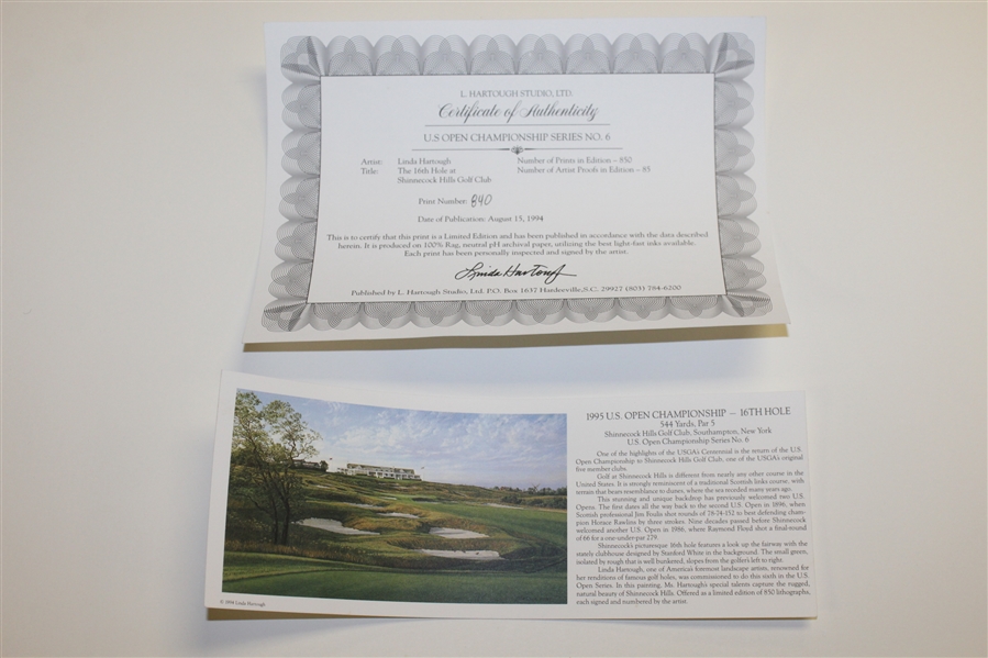 1995 Ltd Ed US Open at Shinnecock Hills 16th Hole Print Signed by Artist Linda Hartough 840/850 with COA