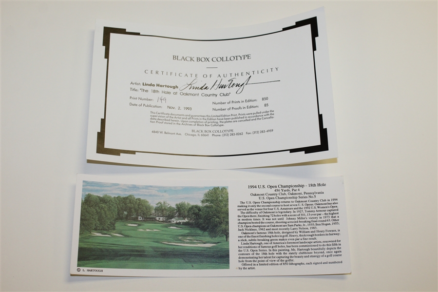 1994 Ltd Ed US Open at Oakmont 18th Hole Print Signed by Artist Linda Hartough 149/850 with COA