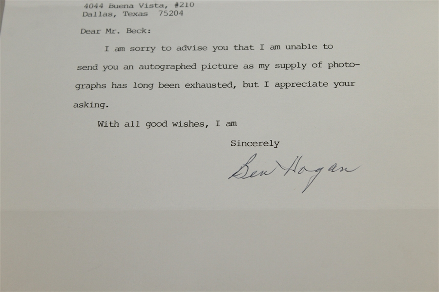 Ben Hogan Signed 11/2/1987 Letter to Jim Beck with Envelope JSA ALOA