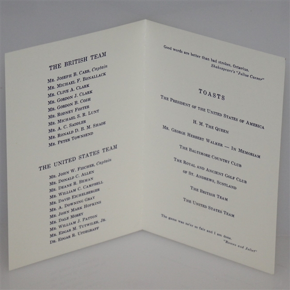 1965 The Walker Cup at Baltimore Country Club Dinner Menu - Deane Beman Collection