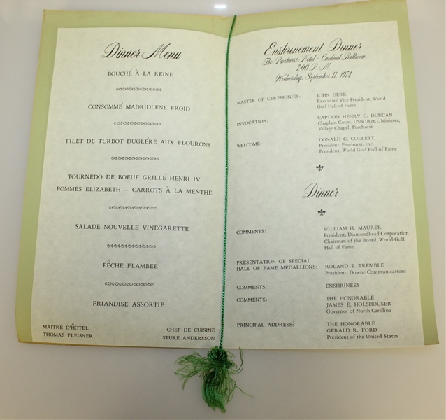 1974 World Golf Hall of Fame at Pinehurst Enshrinement Dinner Menu - Deane Beman Collection