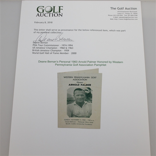 1960 Arnold Palmer Honored by Western Pennsylvania Golf Association Pamphlet - Deane Beman Collection
