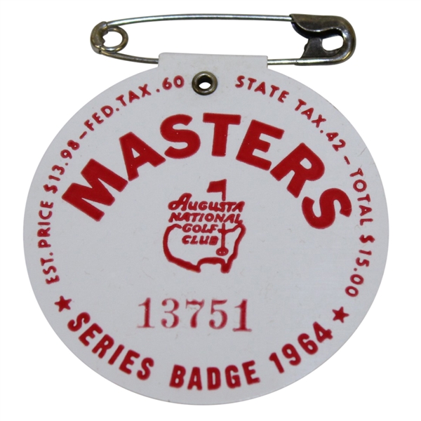1964 Masters Tournament Badge #13751 - Arnold Palmer Final Masters Victory