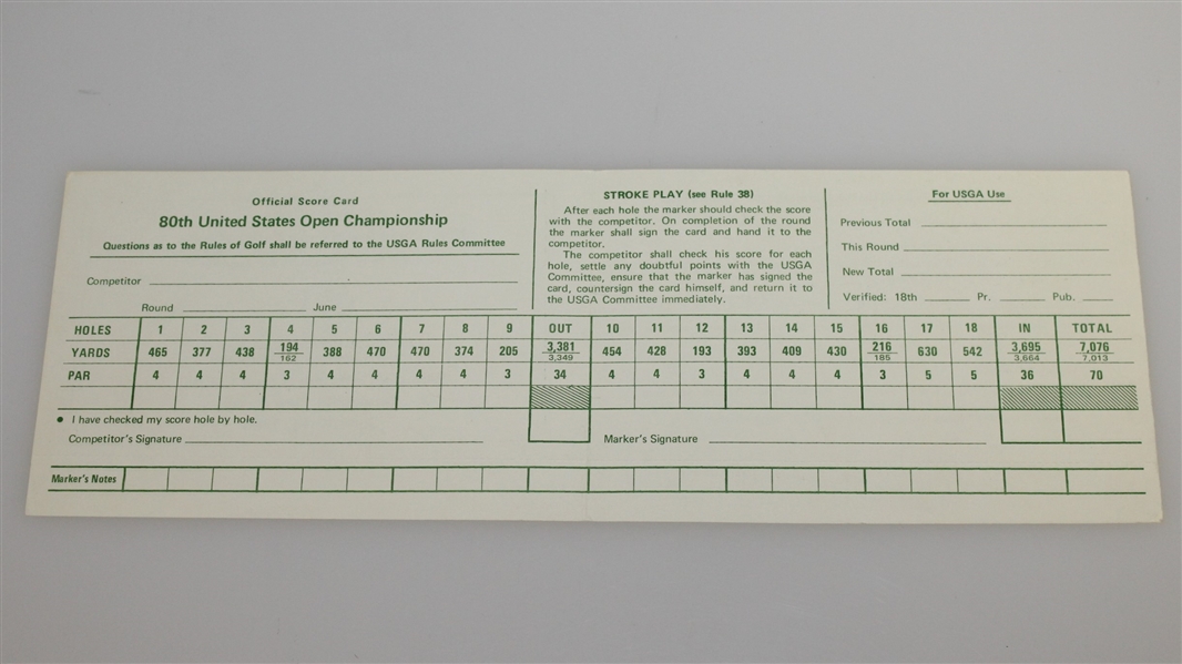 1980 US Open at Baltusrol Golf Club Official Scorecard - Jack Nicklaus Winner