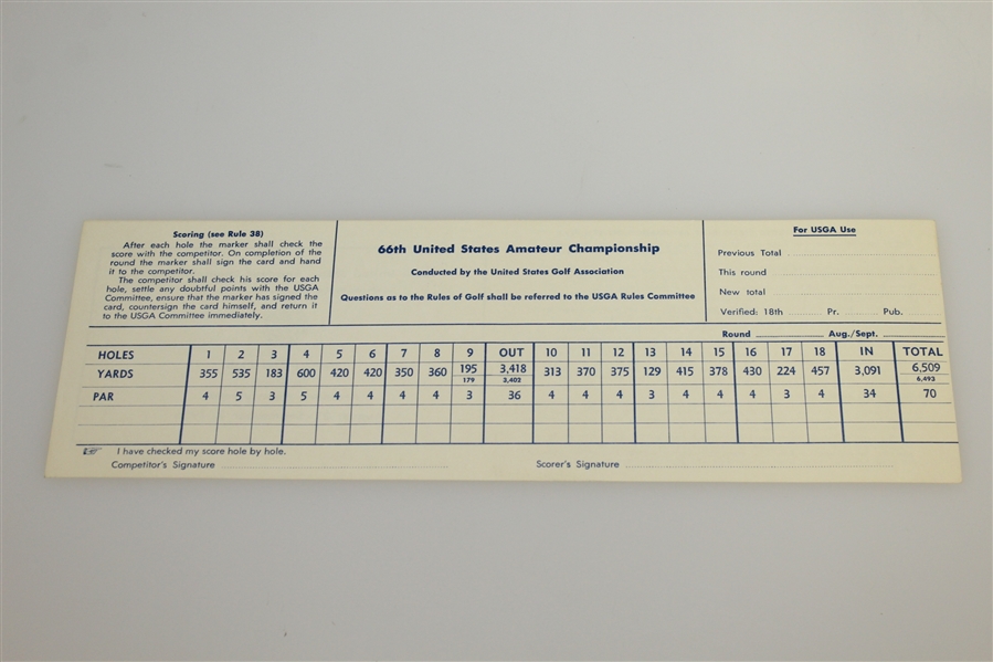 1966 US Amateur Championship at Merion Golf Club Official Scorecard - Gary Cowan Winner