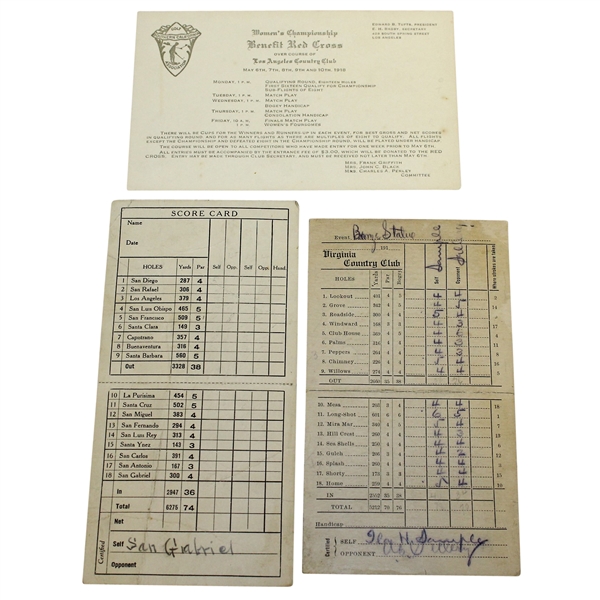 SCGA 1918 Women's Championship Card with Virginia CC & San Gabriel Valley CC Scorecards 