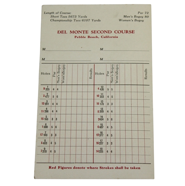 Vintage Del Monte Second Course at Pebble Beach Scorecard