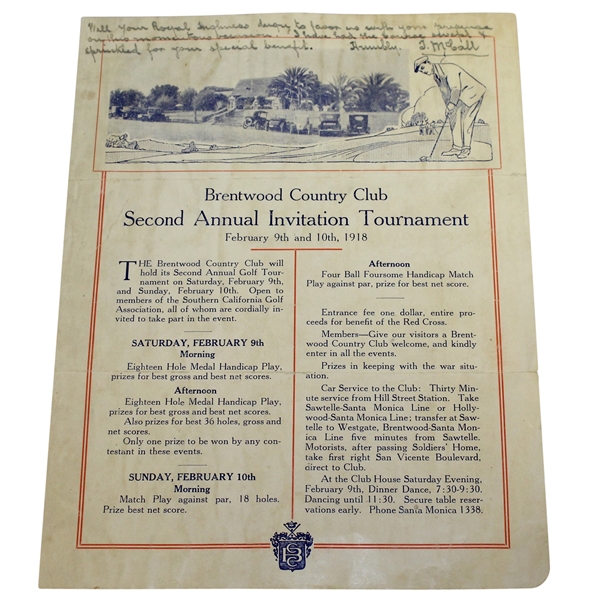 1918 Brentwood Country Club 2nd Annual Invitation Tournament Program/Sheet - SCGA