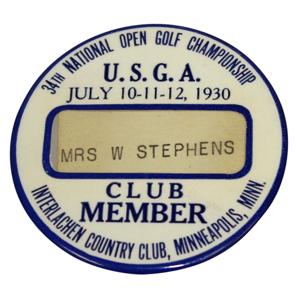1930 US Open at Interlachen CC Club Member Badge - Bobby Jones Grand Slam!