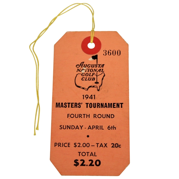 1941 Masters Tournament Sunday Fourth Rd Ticket #3600 - Top Condition, Free of Creases!