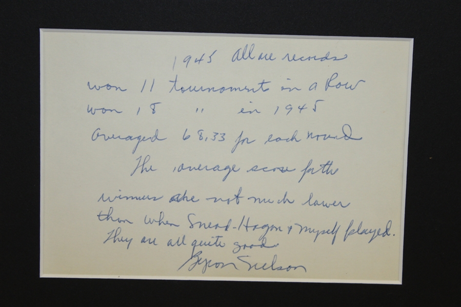 Byron Nelson Signed 1945 Records & Accolades Inscription Card Display JSA ALOA