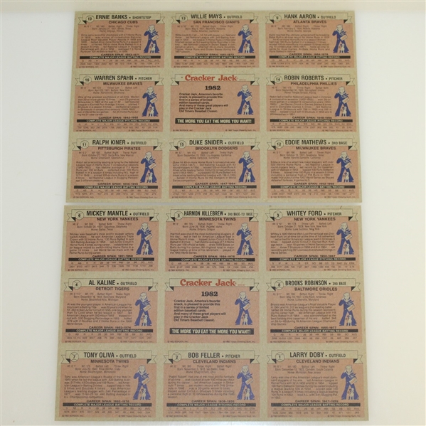 Two Multi-Signed Cracker Jack Card Sheets - Mays/Aaron Secretarial PSA/DNA #Y08739 & #Y08740
