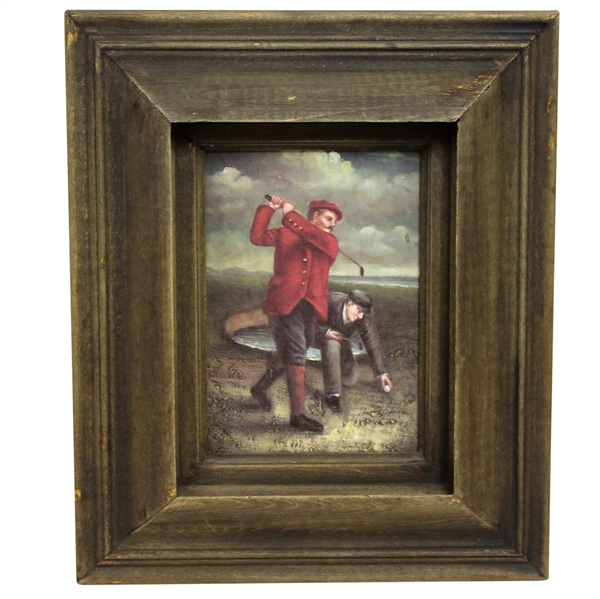 Vintage Golf Oil Painting - Post-Swing with Caddy - Framed