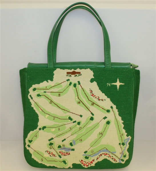 Vintage 1977 Handmade Needlepoint & Leather Golf Bag/Purse with Logo & Course Map