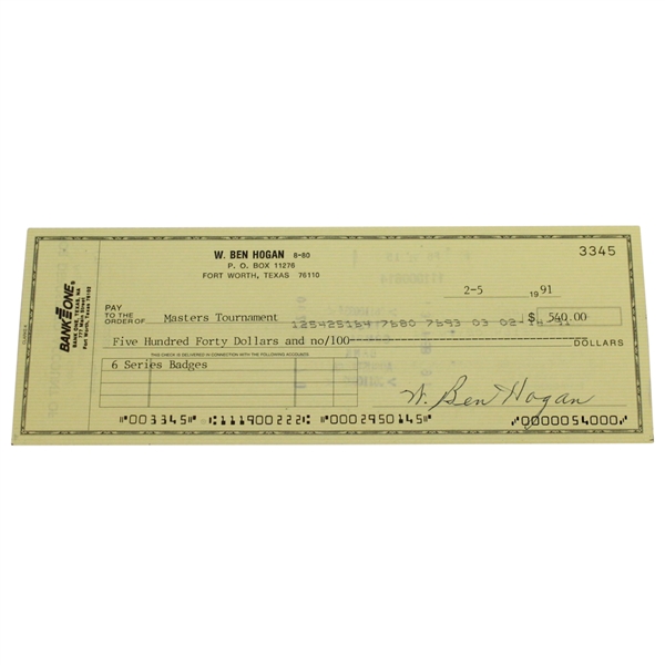 Ben Hogan's Signed Personal Check to the Masters Tournament - 1991 JSA ALOA