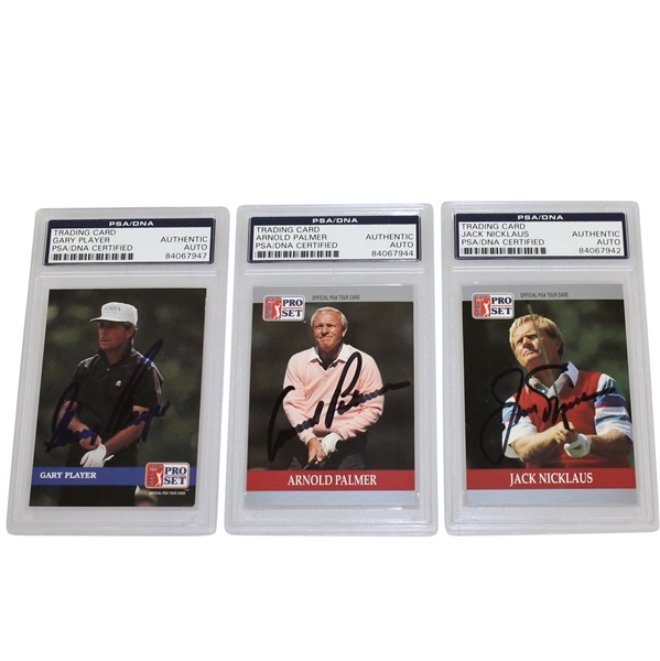 Arnold Palmer, Jack Nicklaus, & Gary Player Signed Pro-Set Cards - Each PSA/DNA Slabbed