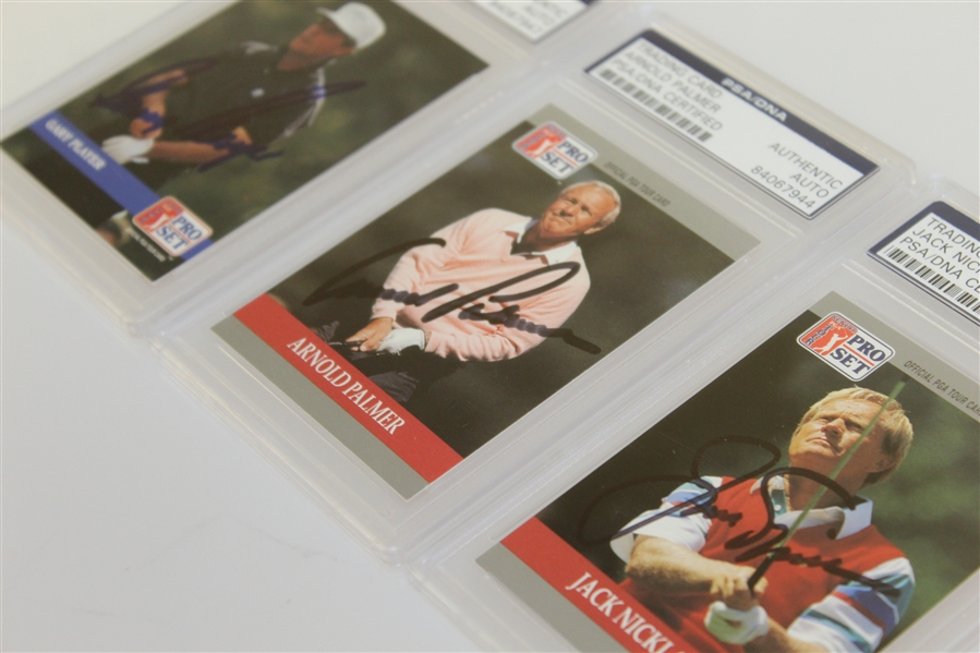 Arnold Palmer, Jack Nicklaus, & Gary Player Signed Pro-Set Cards - Each PSA/DNA Slabbed