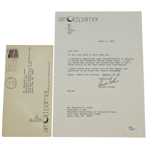 Arnold Palmer Signed 1992 Letter with Walter Hagen Story Content JSA #P66431