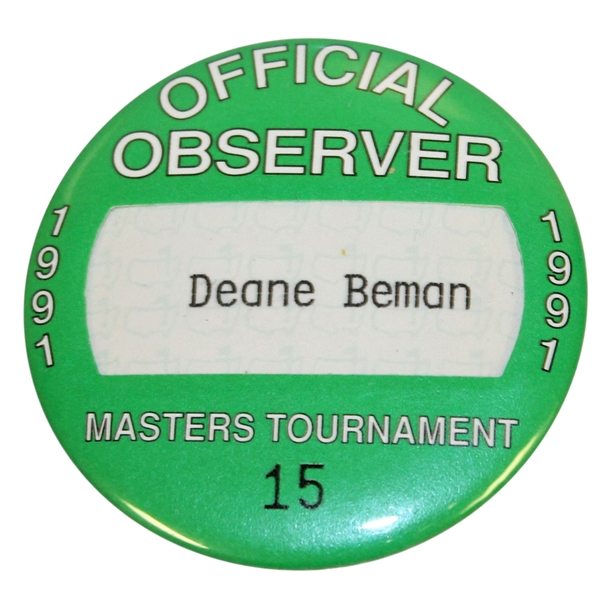 Deane Beman's 1991 Masters Tournament Official Observer Badge #15