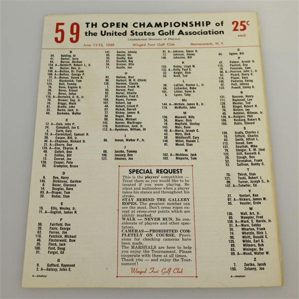 Deane Beman's 1959 US Open at Winged Foot Program & Thurs-Fri Starting Times