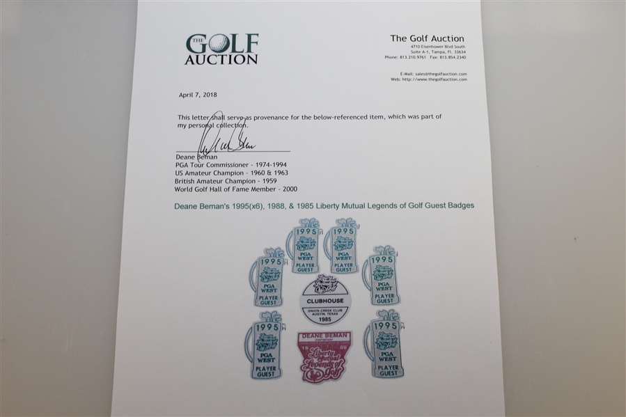 Deane Beman's 1995(x6), 1988, & 1985 Liberty Mutual Legends of Golf Guest Badges
