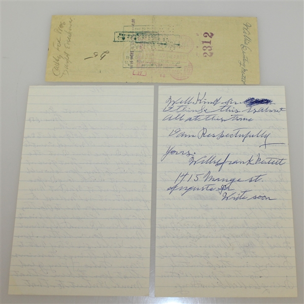 Willie 'Cemetery' Perteet 2pg Letter with Endorsed Check - President Eisenhower Augusta Caddy JSA ALOA