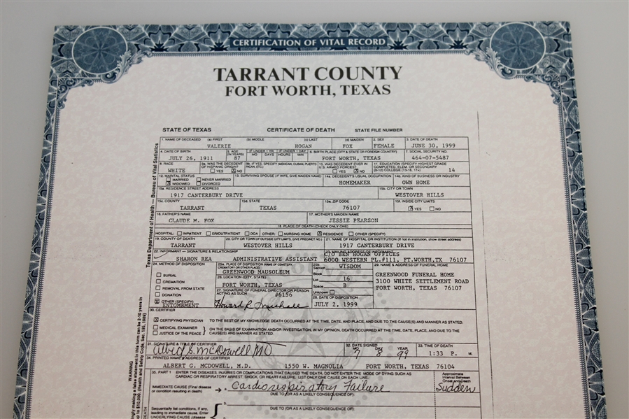 Ben Hogan (1997) & Valerie Hogan's (1999) Texas Certificates of Death