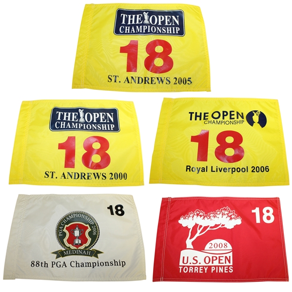 Five Tiger Woods' Victory Flags: US Open (2008), PGA (1999), & Open (2000, 2005, 2006)