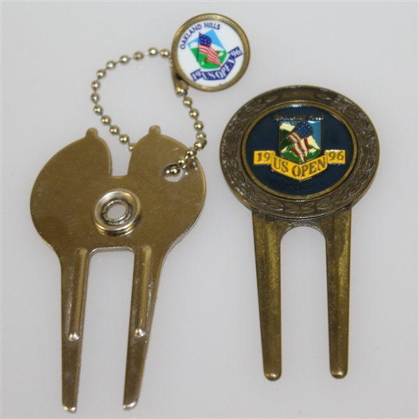 U.S. Open Items - Two Metal Caddy Badges, Two Divot Tools, & Logo Golf Ball