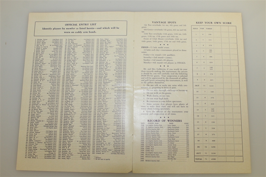 1944 Los Angeles Golf Tournament at Wilshire Country Club Official Pairing Sheet