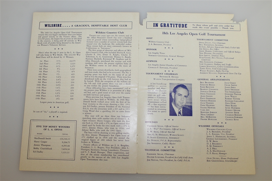 1944 Los Angeles Golf Tournament at Wilshire Country Club Official Pairing Sheet