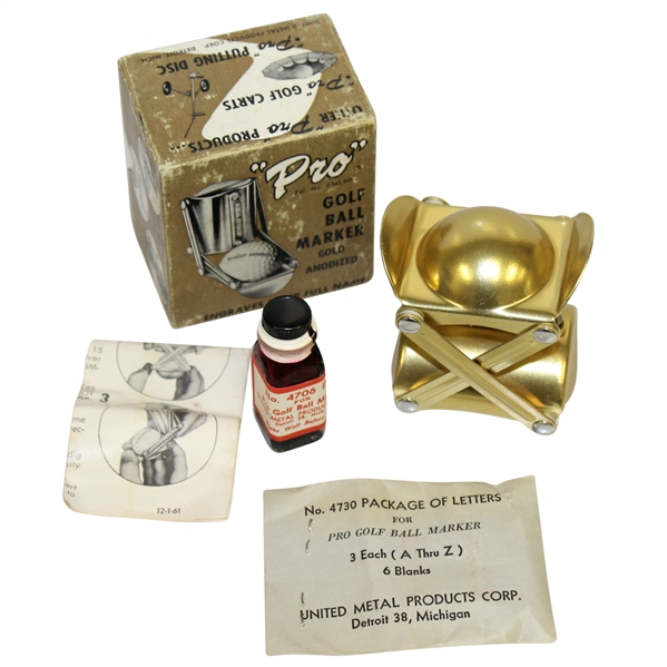Vintage 'Pro' Golf Ball Marker - Gold Anodized - Instructions, Letters, Marker, Box & Ink