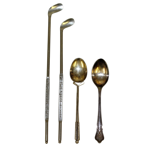 Two Golf Themed Sterling Silver Spoons & Two Metal Golf Club Themed Stirrers