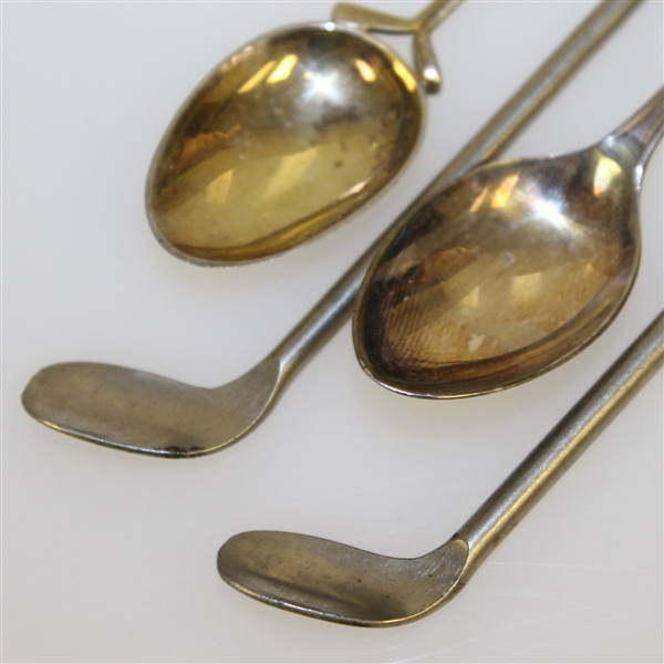 Two Golf Themed Sterling Silver Spoons & Two Metal Golf Club Themed Stirrers