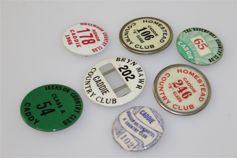 Seven Classic Caddy Badges - Homestead CC, Davenport CC, Bryn Mawr, and others