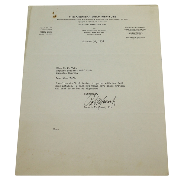 Bobby 'Robert T Jones, Jr.' Jones Signed 1938 Typed Letter to Augusta National JSA ALOA 