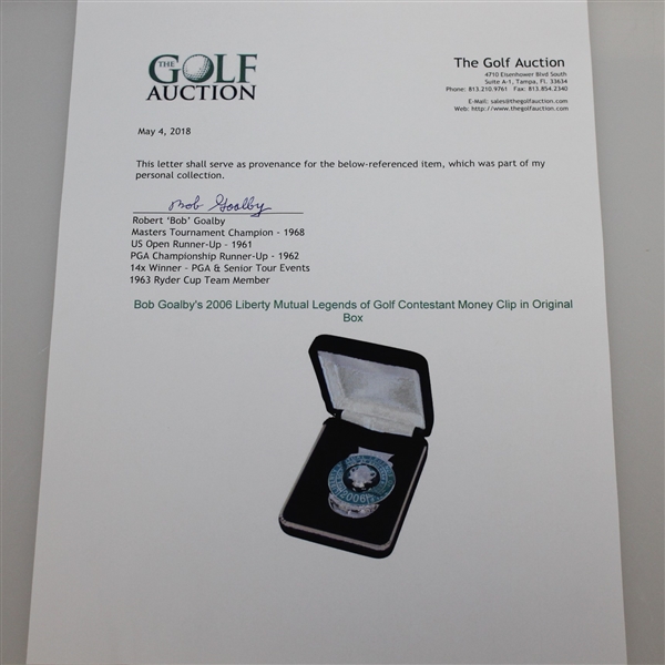Bob Goalby's 2006 Liberty Mutual Legends of Golf Contestant Money Clip in Original Box