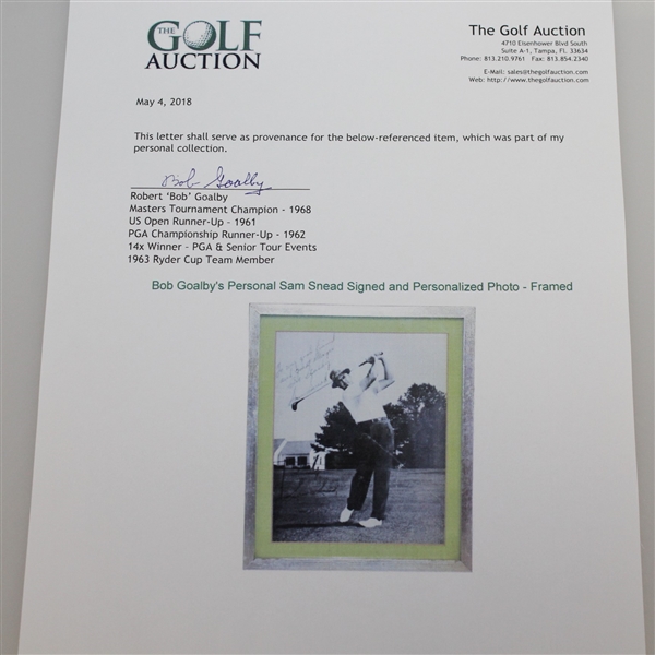 Bob Goalby's Personal Sam Snead Signed and Personalized Photo - Framed JSA ALOA