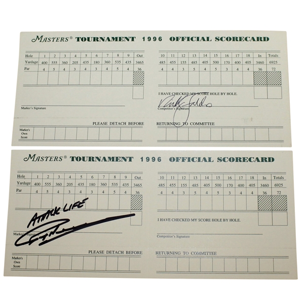 Nick Faldo & Greg Norman Signed Official 1996 Masters Scorecards JSA ALOA