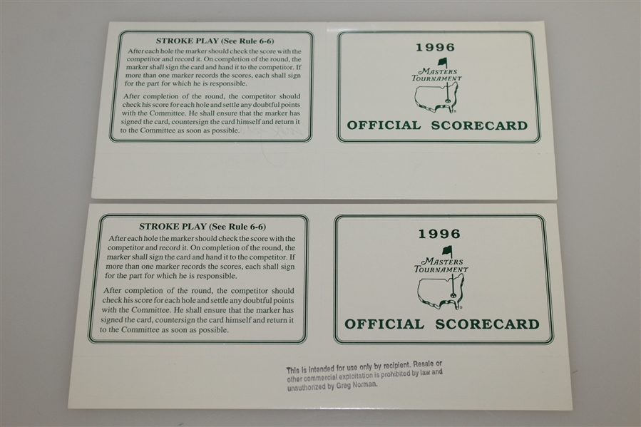 Nick Faldo & Greg Norman Signed Official 1996 Masters Scorecards JSA ALOA
