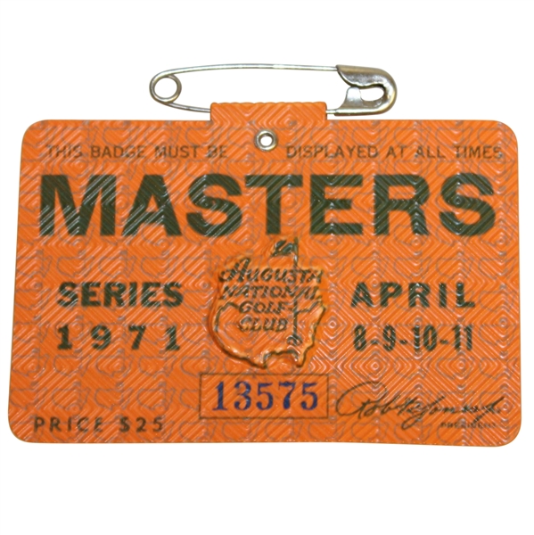 1971 Masters Tournament Series Badge #13575 - Charles Coody Winner
