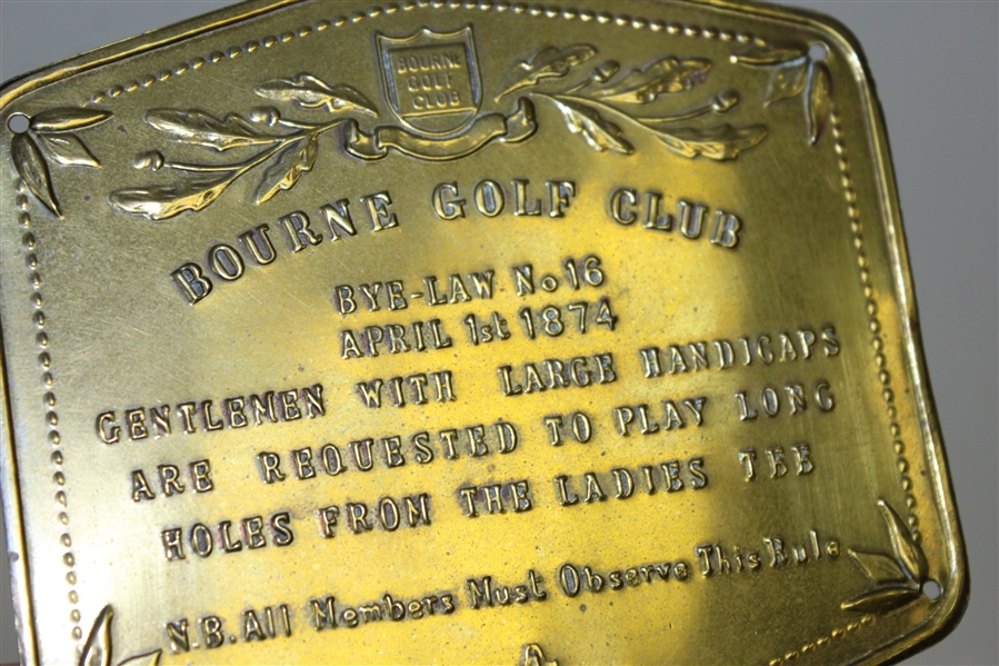 Vintage Bourne Golf Club 1874 Brass Plaque Water Cooler Piece