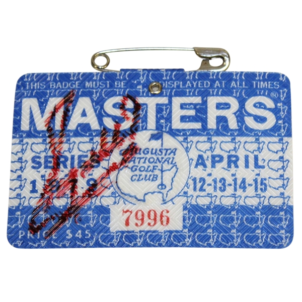 Fuzzy Zoeller Signed 1979 Masters SERIES Badge #7996 JSA ALOA
