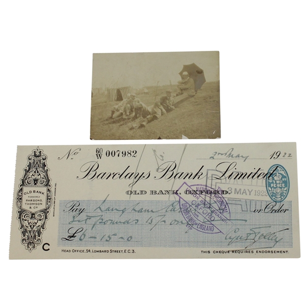 Cyril Tolley Signed 1922 Barclays Bank Check with Small 1899 Photo JSA ALOA