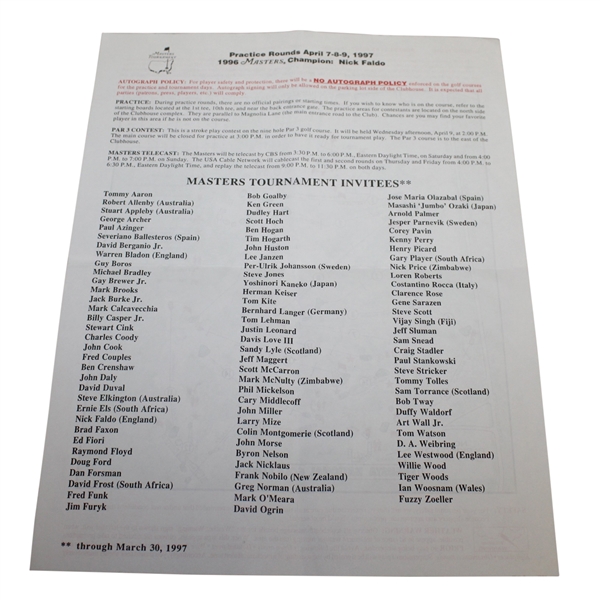 1997 Masters Tournament Practice Round Pairing Sheet - Tiger Woods Win