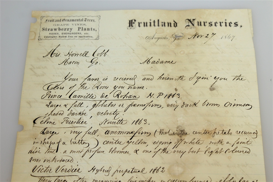 1867 Fruitland Nurseries (Augusta National Grounds) Letter Signed by P.J. Berckmans JSA ALOA