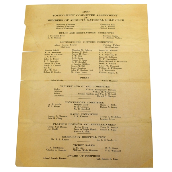1937 Augusta National Invitational Tournament Saturday Pairing Sheet - April 3, 1937