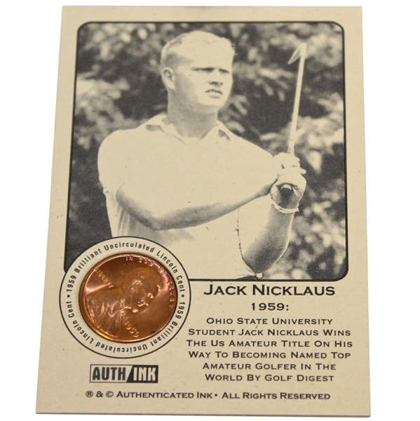 Jack Nicklaus 1959 'Ohio State - Wins Amateur - Top Amateur' Lincoln Wheat Penny Card